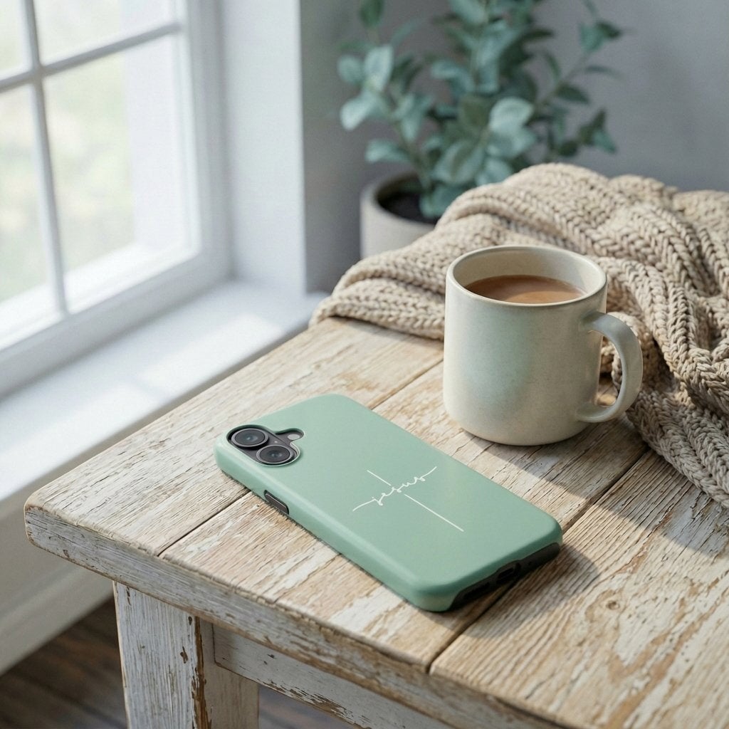 Handyhülle Glaube JESUS CROSS in Eukalyptus auf Holztisch neben Kaffeetasse und Strickdecke – Lifestyle