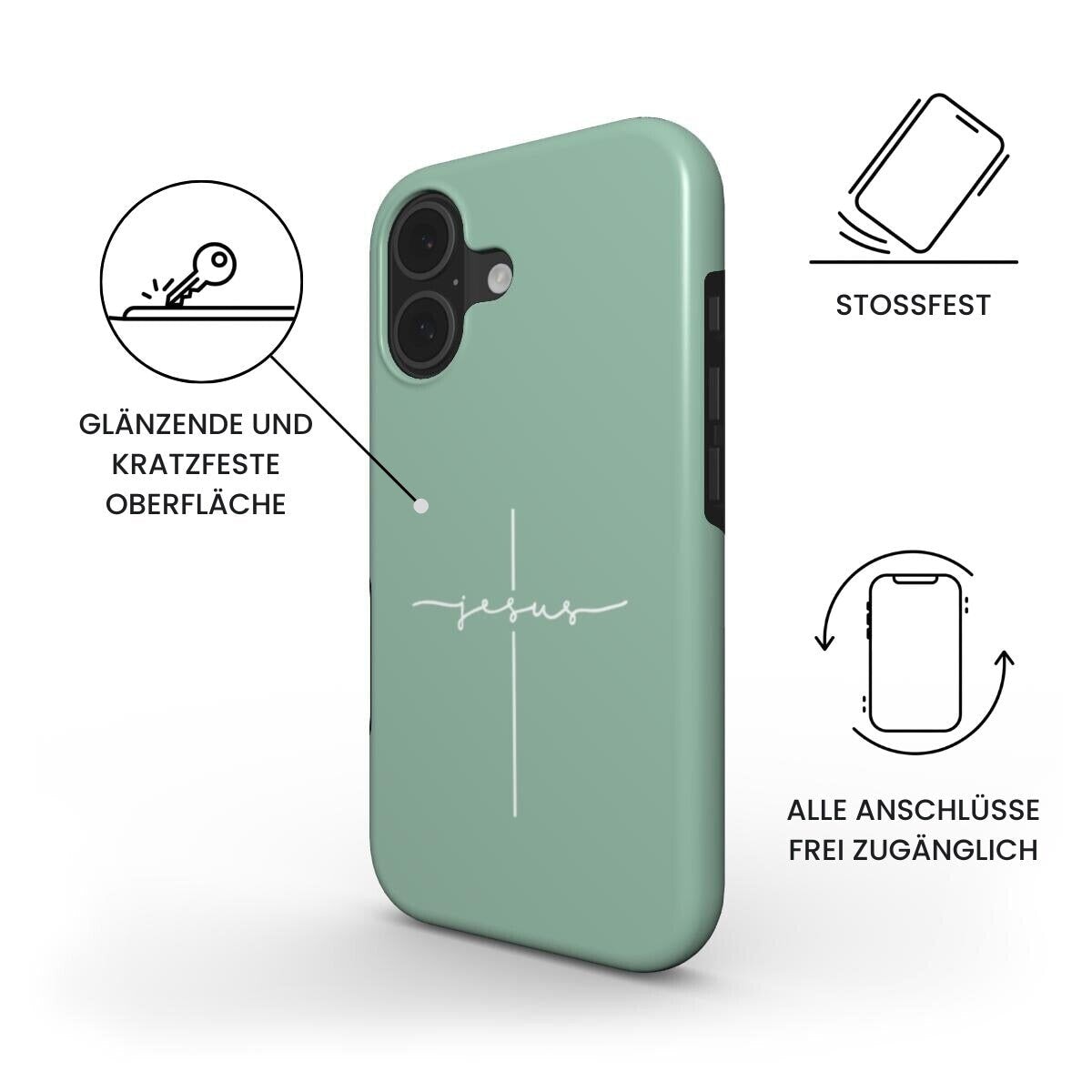 Robuste Handyhülle JESUS CROSS in salbeigrün mit minimalistischem Design – Produktbild