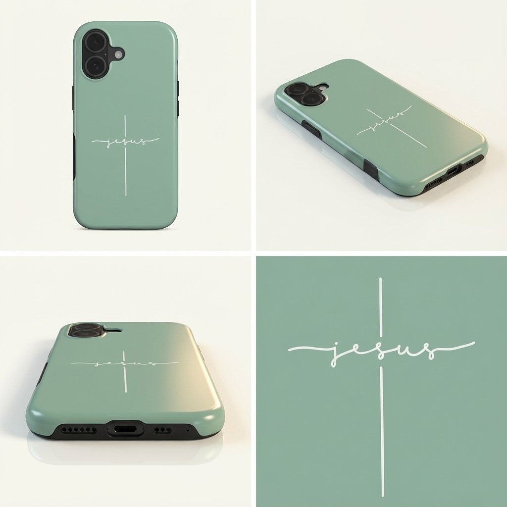 Hochwertige Handyhülle JESUS CROSS in Eukalyptusgrün mit vier Ansichten des Designs – Produktmockup