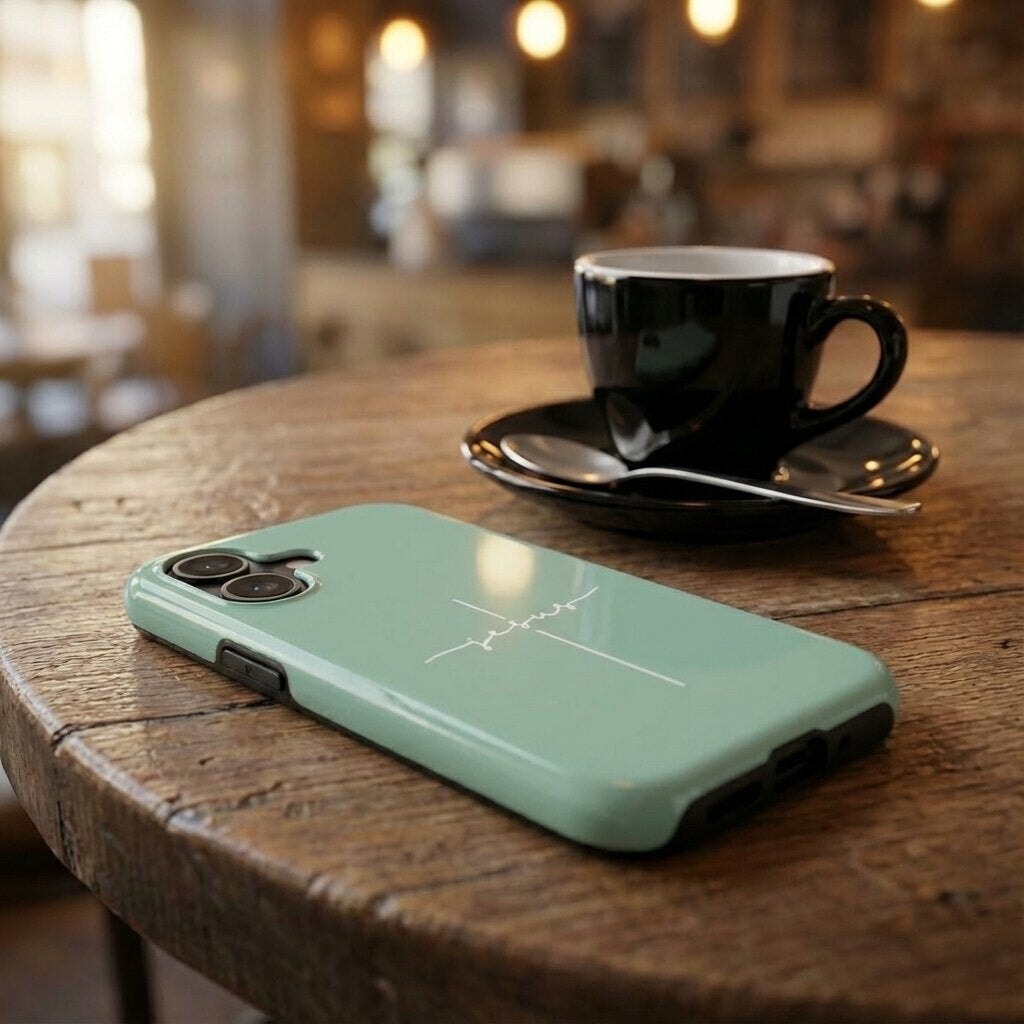 Handyhülle mit Motiv JESUS CROSS in eukalyptus-mint auf Holztisch neben schwarzer Kaffeetasse – Lifestyle