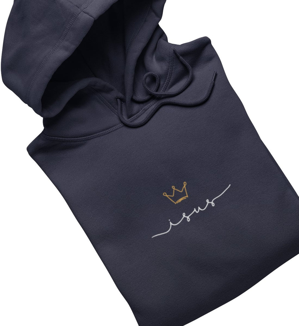 Christlicher Damen-Hoodie JESUS IS KING in Dunkelblau, Vorderansicht, 80% Bio-Baumwolle