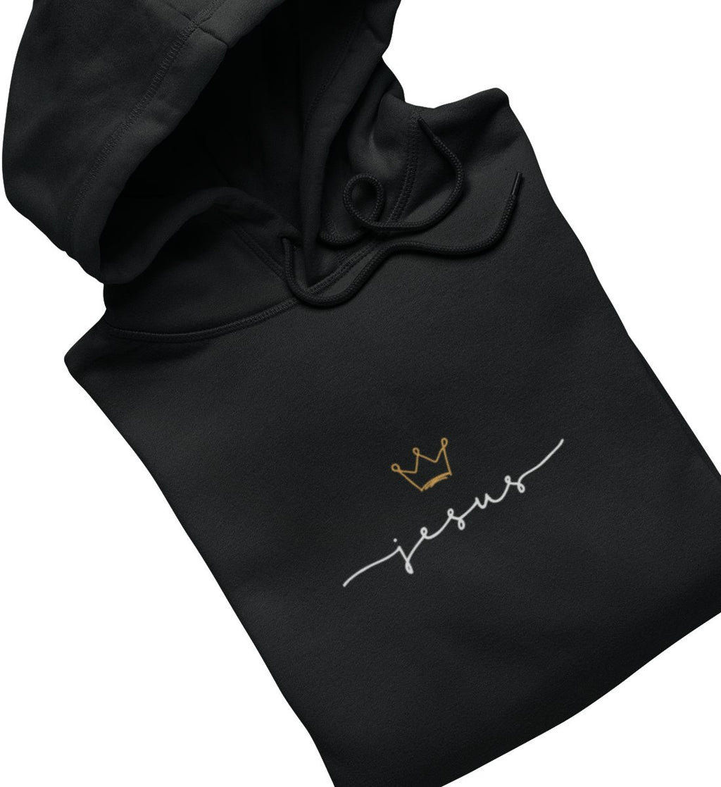 Christlicher Hoodie JESUS IS KING in Schwarz, Vorderansicht, 100% Bio-Baumwolle