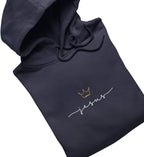 Christlicher Hoodie JESUS IS KING in Dunkelblau, Vorderansicht, 100% Bio-Baumwolle