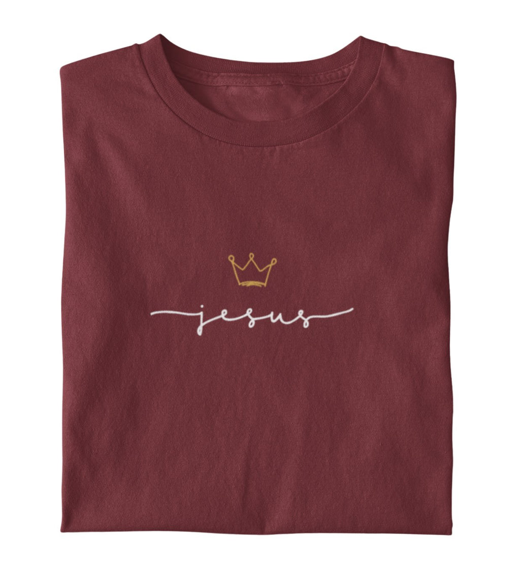 Christliches T-Shirt JESUS IS KING in Burgund, 100% Bio-Baumwolle