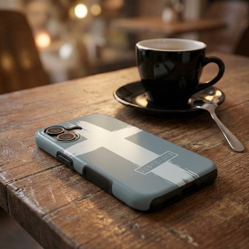 Robuste Handyhülle JUSTIFIED in Blau mit weißem Kreuz liegt auf Holztisch neben Kaffeetasse – Lifestyle