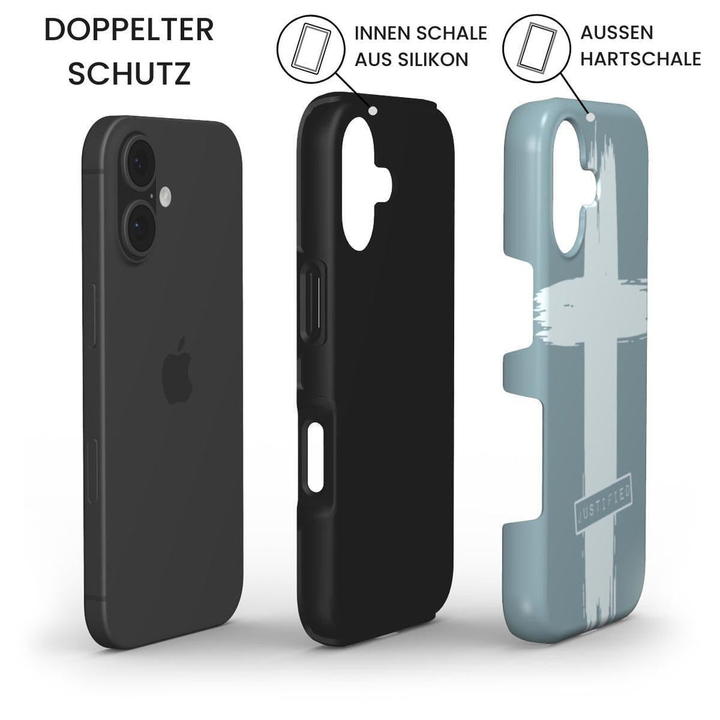 Robuste Handyhülle JUSTIFIED mit doppeltem Schutz - iPhone, Silikon-Innenschale und Hartschale in Teal – Infografik