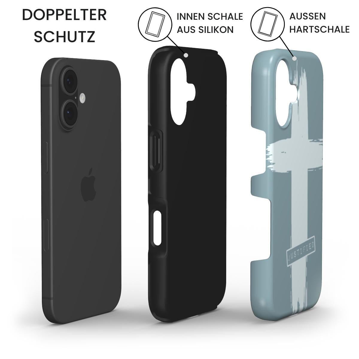 Robuste Handyhülle JUSTIFIED mit doppeltem Schutz - iPhone, Silikon-Innenschale und Hartschale in Teal – Infografik