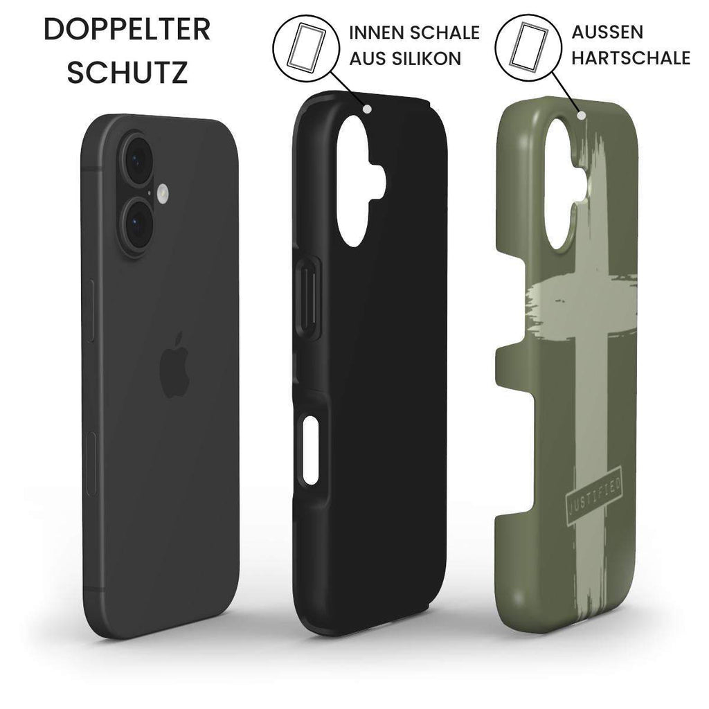 Robuste Handyhülle JUSTIFIED Produktdiagramm zeigt iPhone mit Silikon-Innenschale und grüner Hartschale, Infografik