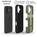 Robuste Handyhülle JUSTIFIED Produktdiagramm zeigt iPhone mit Silikon-Innenschale und grüner Hartschale, Infografik