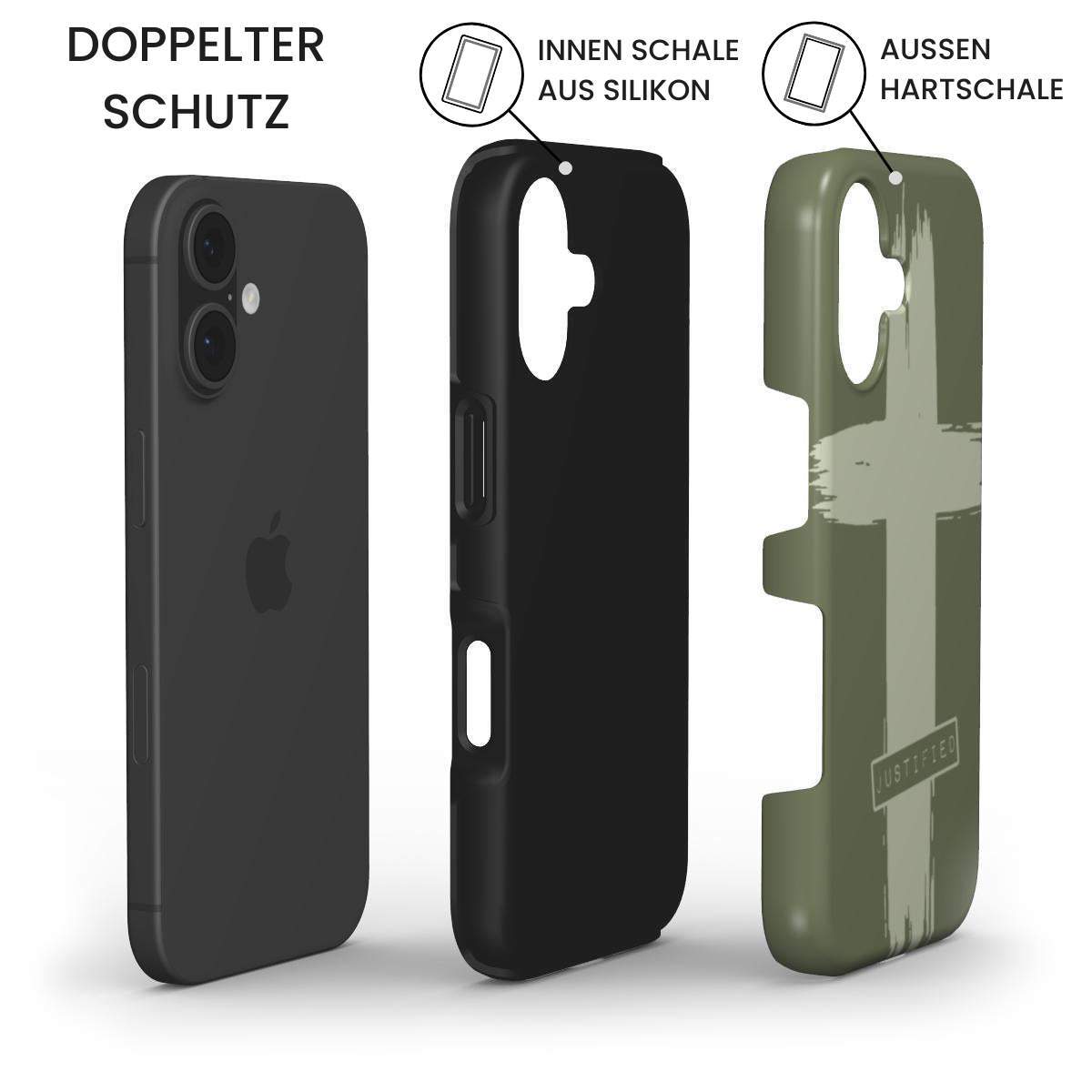 Robuste Handyhülle JUSTIFIED Produktdiagramm zeigt iPhone mit Silikon-Innenschale und grüner Hartschale – Infografik