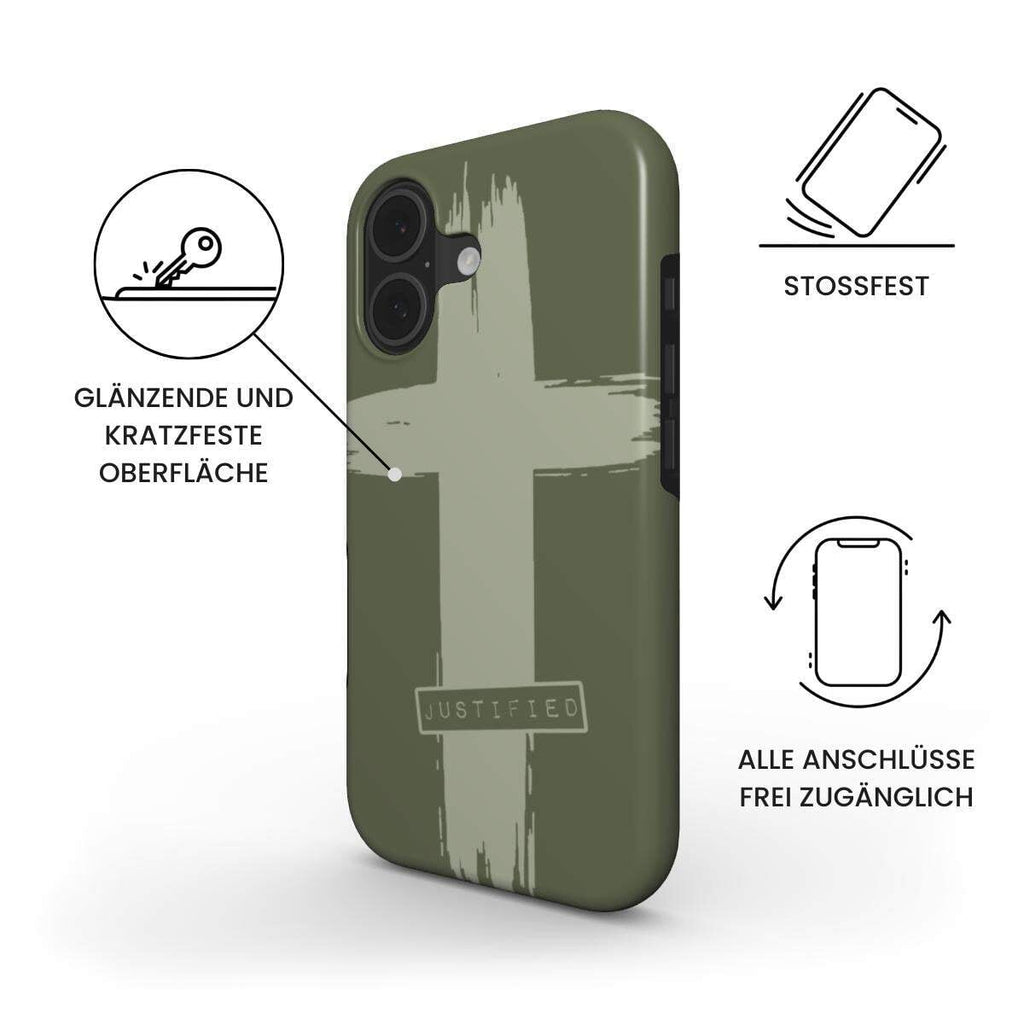 Robuste Handyhülle JUSTIFIED in olivgrün mit Kreuz-Design und Produktmerkmalen, Infografik