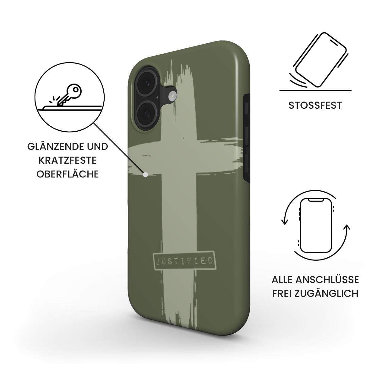 Robuste Handyhülle JUSTIFIED in olivgrün mit Kreuz-Design und Produktmerkmalen – Infografik