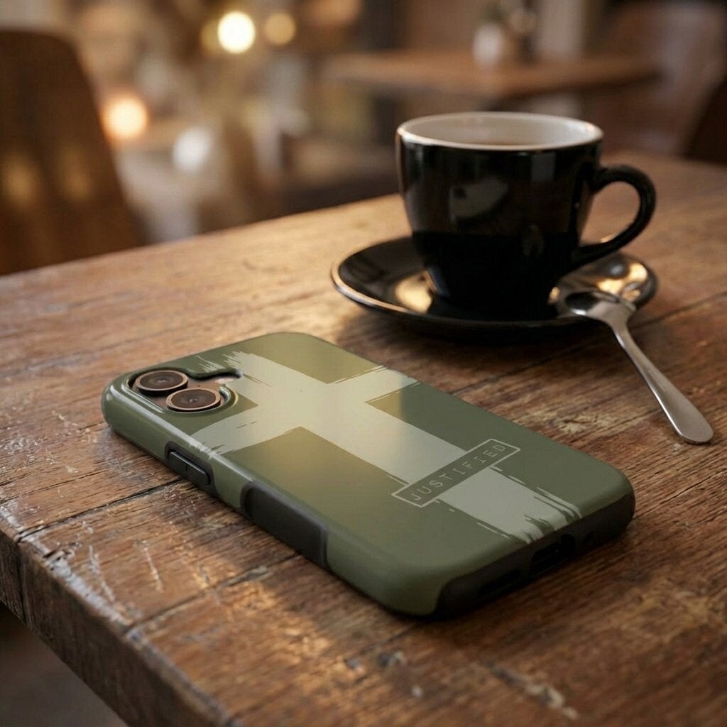 Handyhülle Glaube JUSTIFIED in Grün mit Kreuz-Design liegt auf rustikalem Holztisch neben Kaffeetasse – Lifestyle