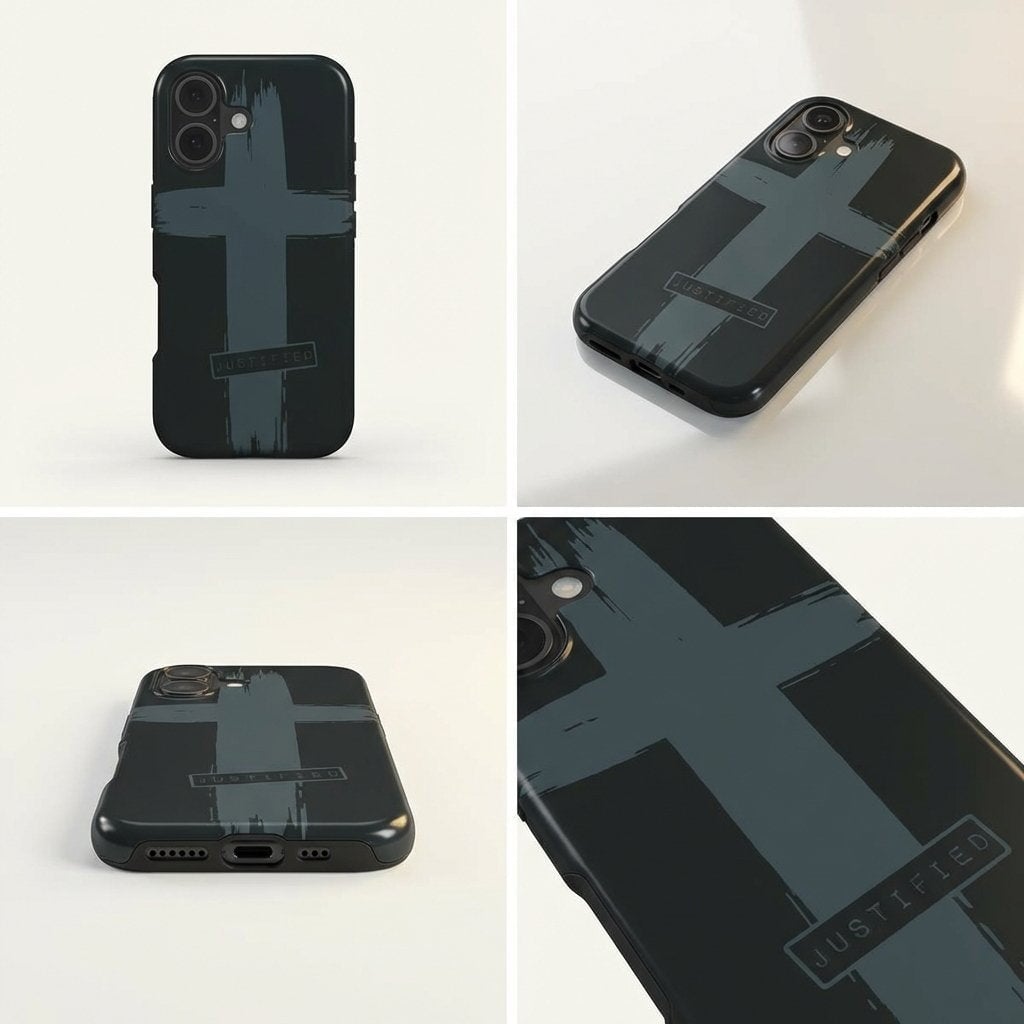 Hochwertige Handyhülle JUSTIFIED in Schwarz mit grauem Pinselstrich-Kreuz Design, vier Ansichten