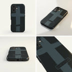 Hochwertige Handyhülle JUSTIFIED in Schwarz mit grauem Pinselstrich-Kreuz Design, vier Ansichten