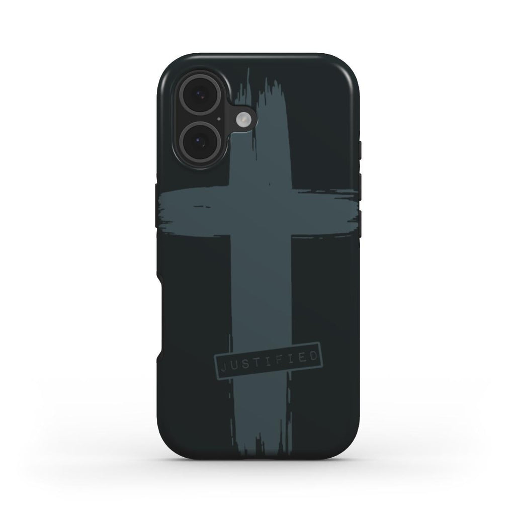 Christliche Handyhülle JUSTIFIED in Schwarz mit grauem Cross-Design auf weißem Hintergrund, Vorderseite