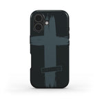 Christliche Handyhülle JUSTIFIED in Schwarz mit grauem Cross-Design auf weißem Hintergrund, Vorderseite