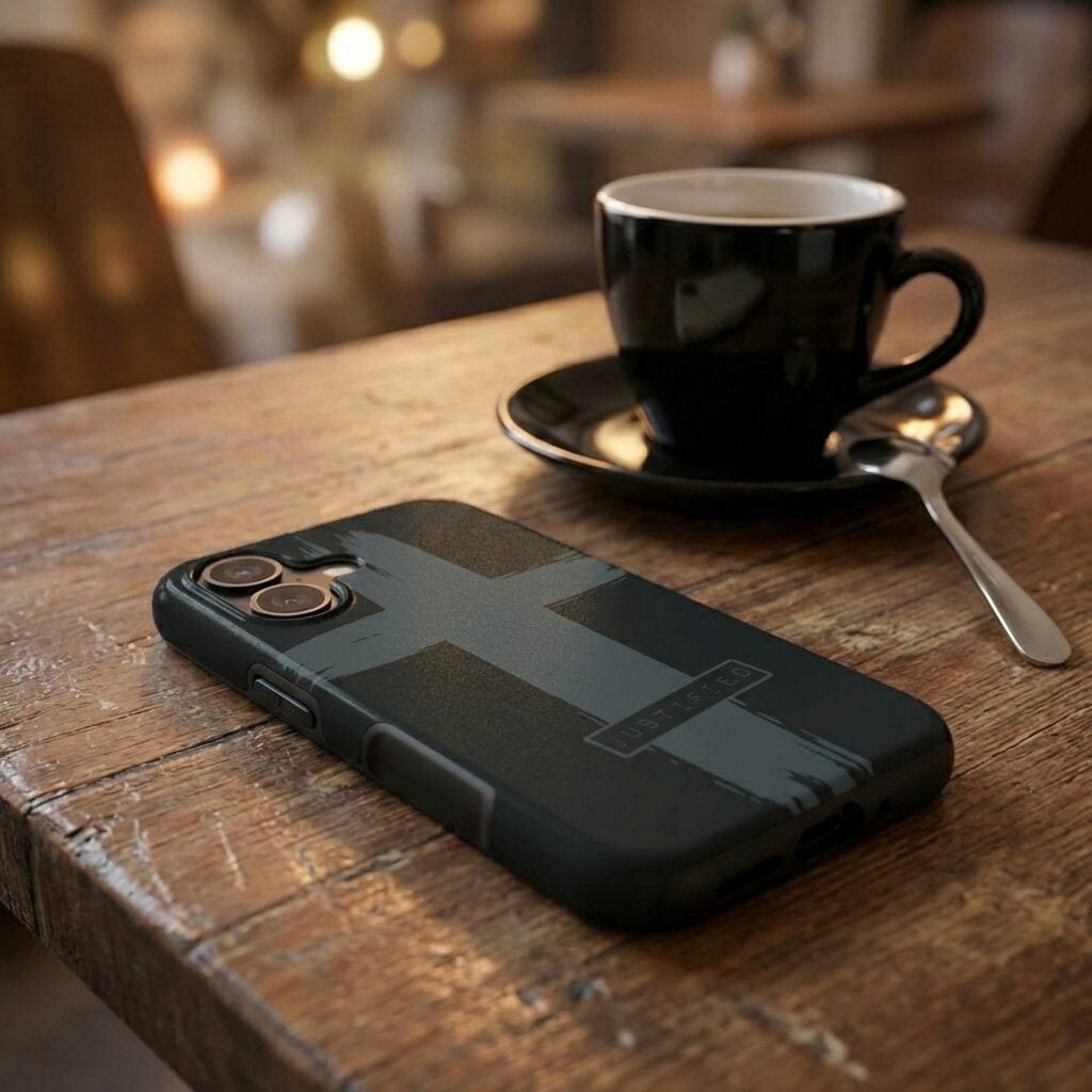 Handyhülle Glaube JUSTIFIED in Schwarz mit Cross-Design liegt auf Holztisch neben Kaffeetasse – Lifestyle