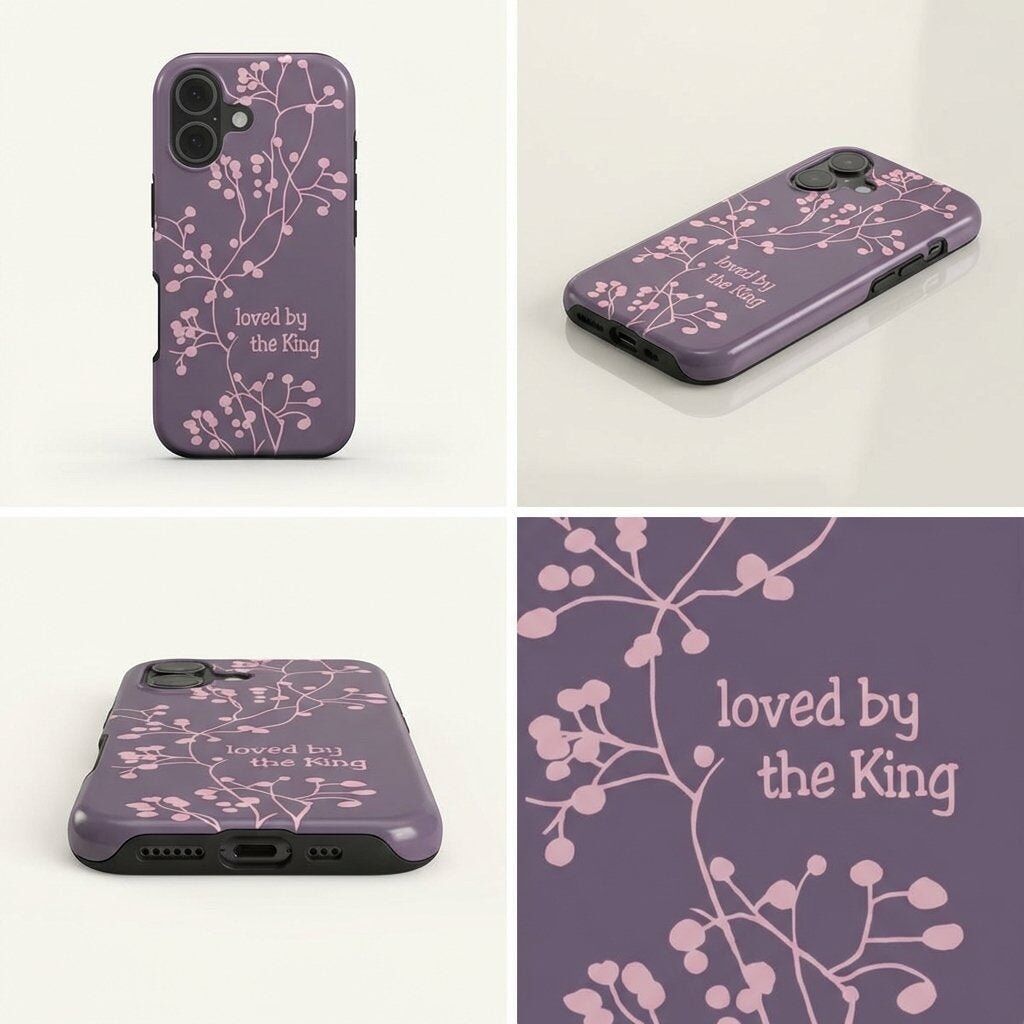 Handyhülle mit Motiv Loved by the King in fliederfarbenem Design mit rosa Blütenzweigen, Detail