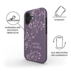 Robuste Handyhülle Loved by the King in Flieder mit rosa Blütenmuster und Produktfeatures, Infografik