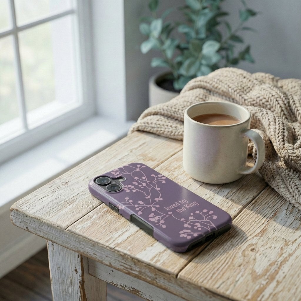 Handyhülle Glaube in Flieder mit Blumenmotiv und Text Loved by the King auf Holztisch – Lifestyle