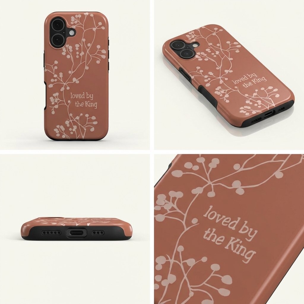 Handyhülle mit Motiv Loved by the King in Terrakotta mit weißen floralen Zweigen – Detailansicht
