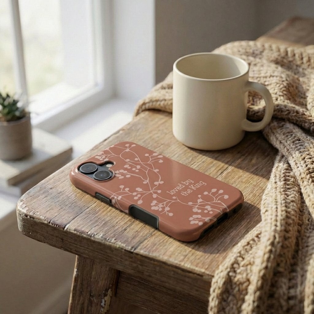 Handyhülle Glaube Loved by the King in Terrakotta mit weißem Blumenmotiv neben Tasse – Lifestyle